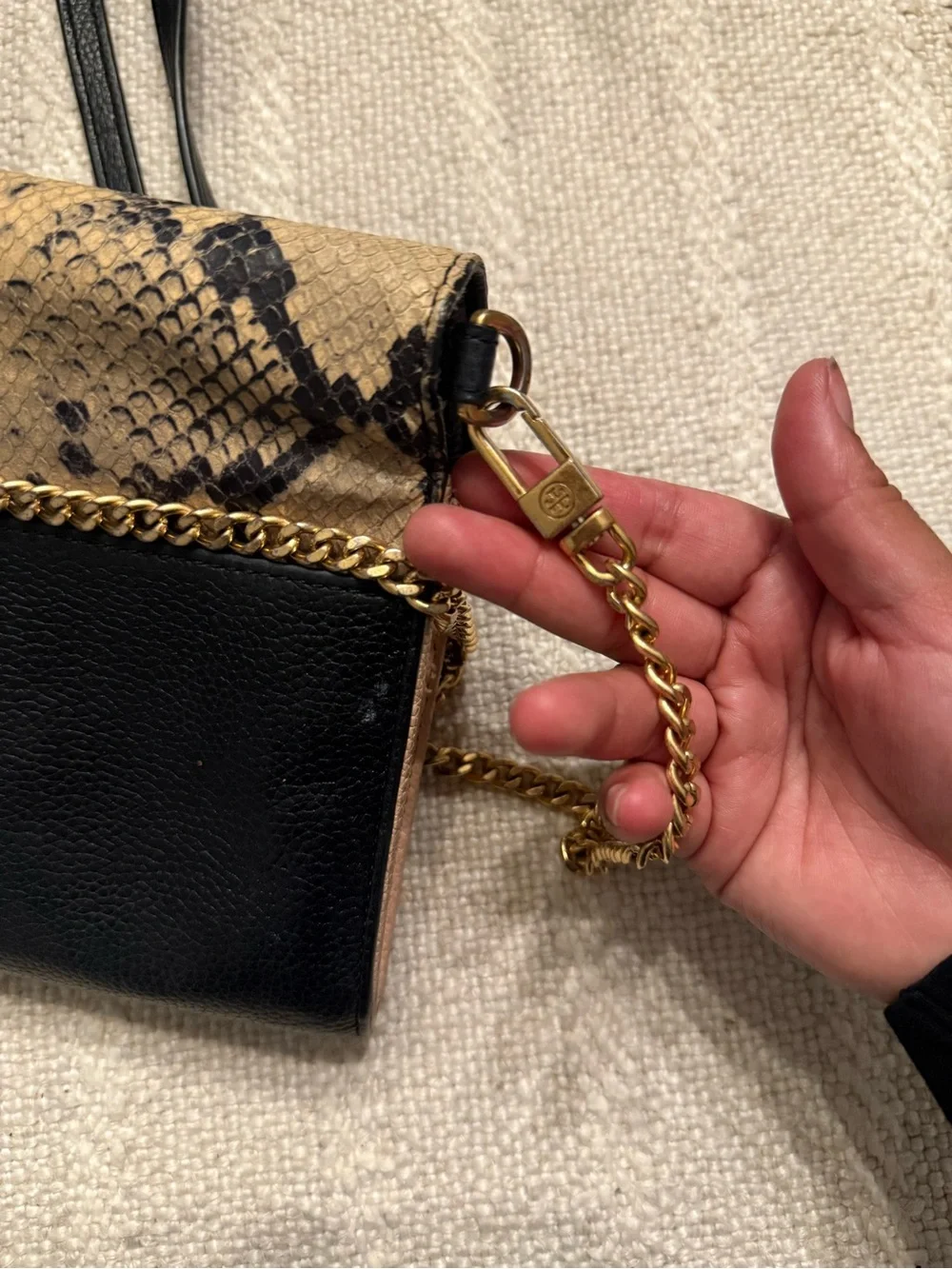 Tory Burch Snake-Print Crossbody with Black Trim and Gold Hardware